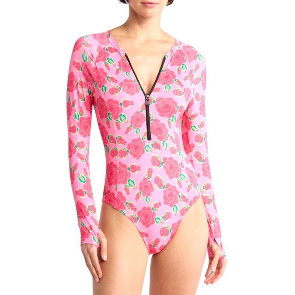 Betsey Johnson Scuba Knit Half Zip Long Sleeve One-Piece Swimsuit SZ Medium‎ NWT